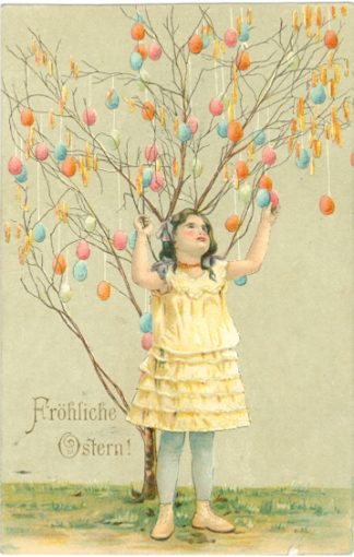 Ostern, Mädchen, Baum mit Eiern, Farb-Litho