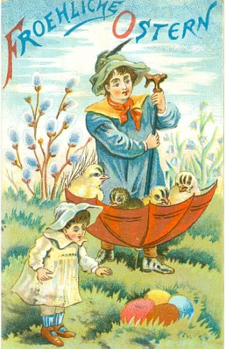 Ostern, Kinder, Schirm, Küken, Eier, Farb-Litho