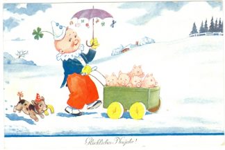 Neujahr, Junge als Clown, Glücksschweine