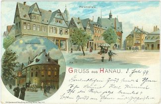 Hanau, Farb-Litho m. Paradeplatz und Stadttheater, 1899