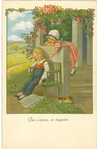 Kinder, schlafendes Kind, Zeitung, Katze, sign. Pauli Ebner