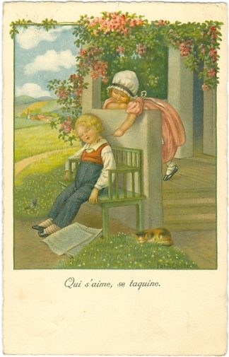 Kinder, schlafendes Kind, Zeitung, Katze, sign. Pauli Ebner