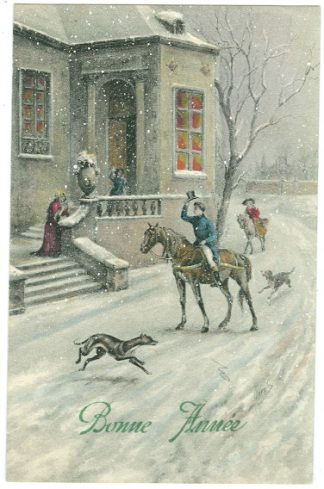 Neujahr, Reiter, Pferd, Hunde, um 1900/10