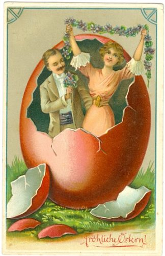 Ostern, Mann u. Frau im Ei, Prägekarte