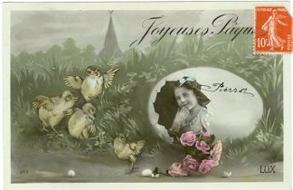 Ostern, Mädchen, Ei, Küken, Blumen, um 1910