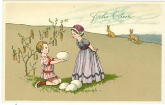 Ostern, Kinder mit Eiern und Hasen, um 1910/20