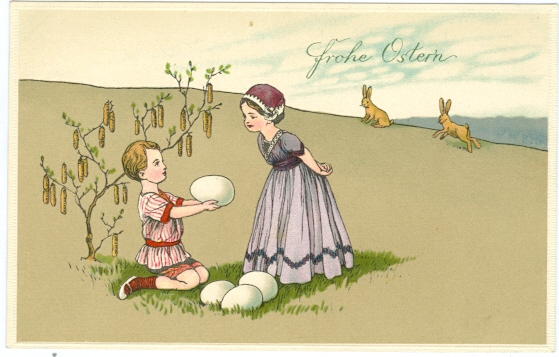 Ostern, Kinder mit Eiern und Hasen, um 1910/20
