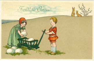 Ostern, Kinder mit Eiern und Hasen, um 1910/20