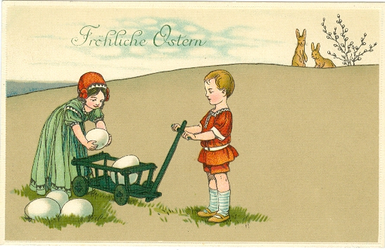 Ostern, Kinder mit Eiern und Hasen, um 1910/20