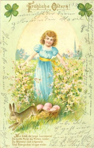 Ostern, Mädchen, Hase, Eier, Farb-Litho