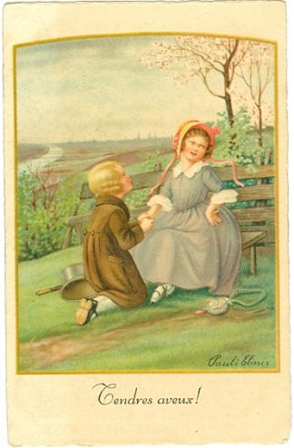 Kinder, Junge kniet vor einem Mädchen, sign. Pauli Ebner