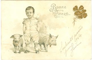 Neujahr, Junge mit Schweinen, Prägekarte