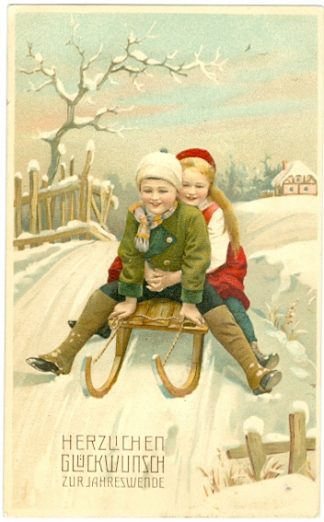 Neujahr, Kinder mit Schlitten, Farb-Litho