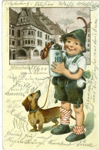 Junge mit Dackel, Hofbräuhaus, Prägekarte