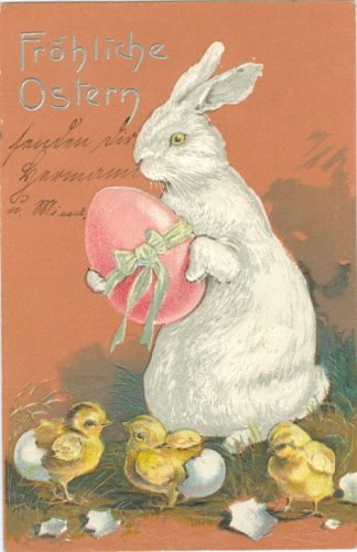 Ostern, Hase mit Ei, Küken, Prägekarte, 1904