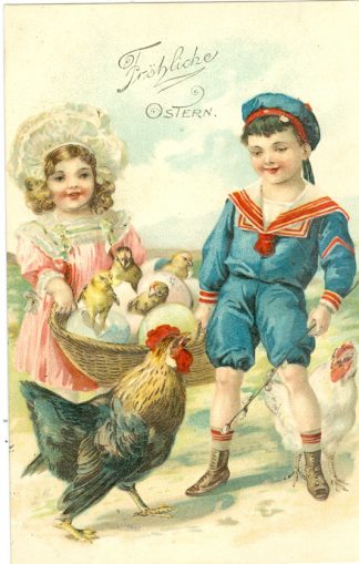 Ostern, Kinder, Huhn, Küken, Prägekarte, 1913