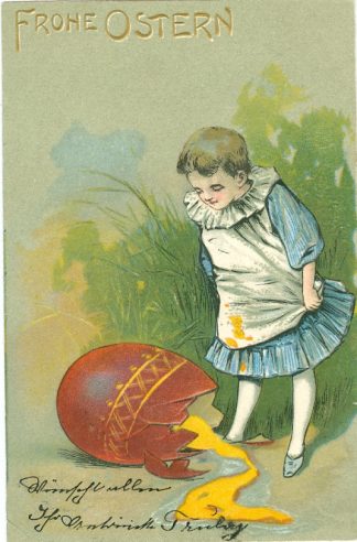 Ostern, Kind mit zerbrochenem Ei, Prägekarte, 1906
