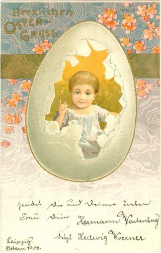 Ostern, Kind schaut aus großem Ei, 1900