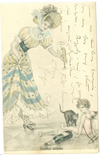 Neujahr, Frau, Amor, Katze, Jugedstil AK, 1902