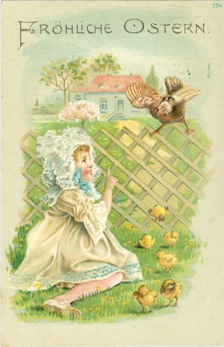 Ostern, Mädchen, Huhn, Küken, Prägekarte, 1919
