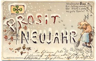 Neujahr, Schwein mit Besen, Farb-Litho, um 1900/10