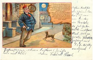 Studentika, Student verlässt Gastwirtschaft, Hund, 1905