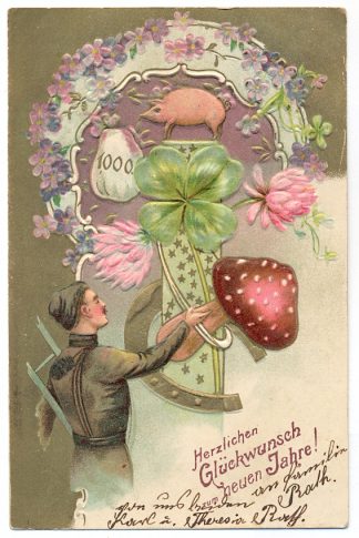 Neujahr, Schornsteinfeger, Glücksbringer, Prägekarte, um 1900/10