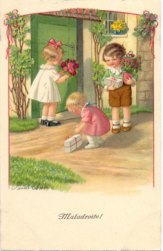 Kinder mit Blumen und Geschenken, sign. Pauli Ebner