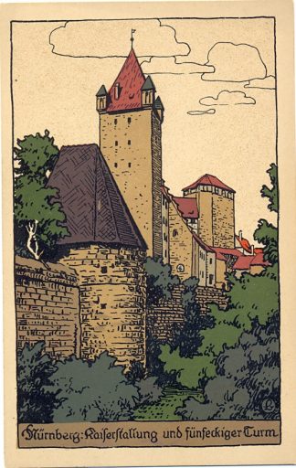 Nürnberg, Kaiserstallung und fünfeckiger Turm, Steindruck AK, um