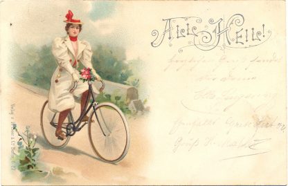 Fahrrad, Fahrradfahrerin, "All Heil", Fab-Litho, 1899