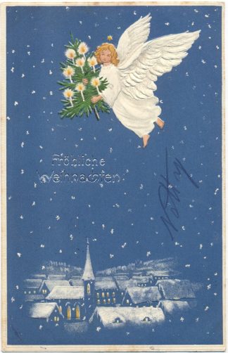 Weihnachten, Engel mit Christbaum, Prägekarte, 1906