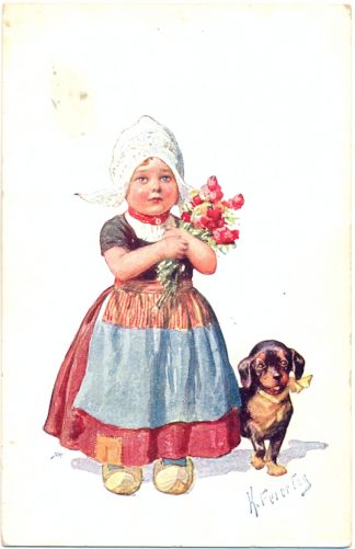 Mädchen mit Blumen u. Dackel, sign. Feiertag