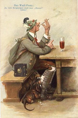 Jäger mit Dackel, Scherz-AK, um 1910