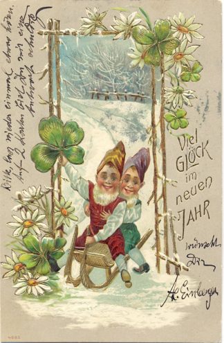 Neujahr, Zwerge mit Schlitten, Prägekarte, um 1900/05