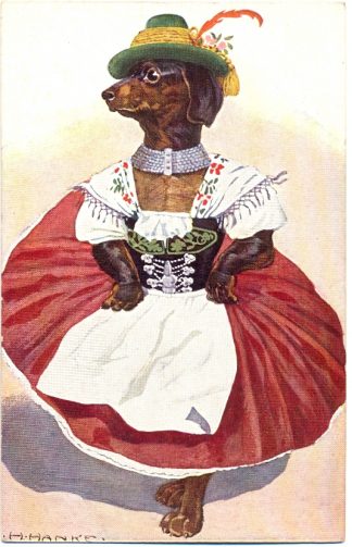 Dackel, Dackeldame in Trachtenkleidung, um 1910