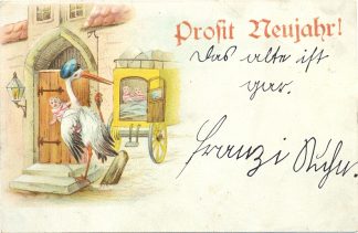 Neujahr, Storch, Kutsche mit Babys, Farb-Litho, 1902
