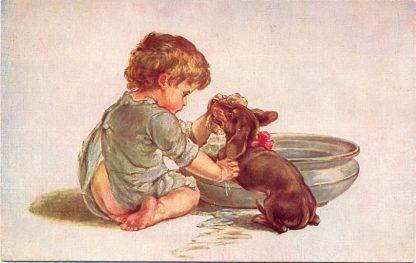 Mädchen mit Dackel "Morgenwäsche", um 1910/20