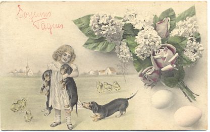 Mädchen mit Dackel und Küken, um 1910