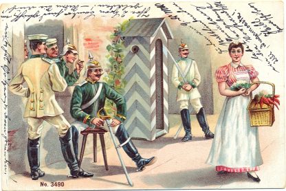 Militär, Wachhäuschen, Frau mit Lebensmitteln, Farb-Litho, 1901