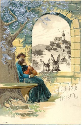 Ostern, Liebespaar, Hasen, Prägekarte, um 1900/05