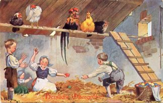 Ostern, Kinder, Hühner legen bunte Eier, um 1915