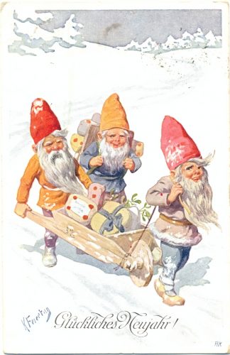 Neujahr, Zwerge mit Schubkarre, sign. Feiertag