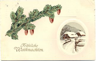 Weihnachten, Tannenzweig, Winterlandschaft, Prägekarte, 1910