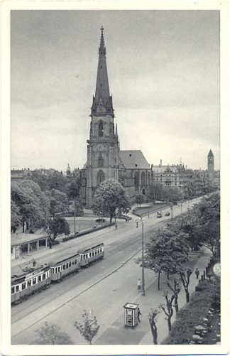 Karlsruhe, Bernharduskirche m. Strassenbahn, um 1930/40