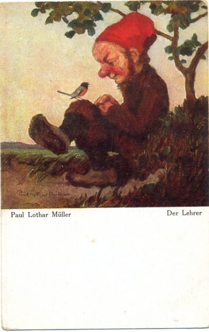 Zwerg mit Vogel "Der Lehrer", P.L. Müller, um 1920