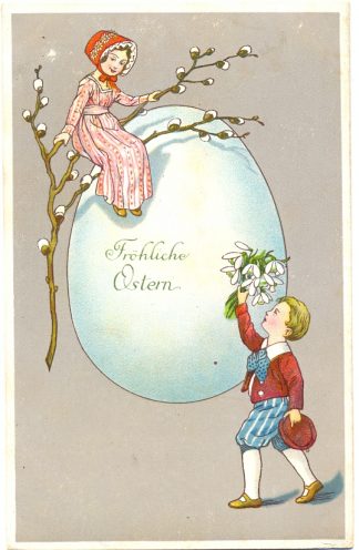 Ostern, Kinder mit großem Ei, um 1910