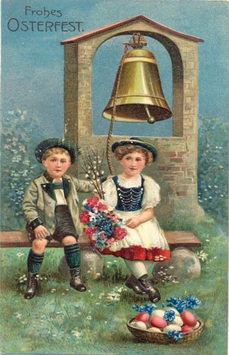 Ostern, Kinder, Korb mit Eiern, Prägekarte, 1909