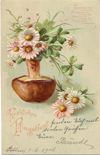 Pfingsten, Pilz und Blumen, Prägekarte, 1906