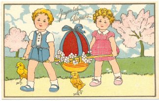 Ostern, Kinder mit großem Ei, Farb-Litho, um 1920