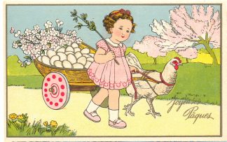 Ostern, Mädchen, Huhn, Wagen mit Eiern, um 1920